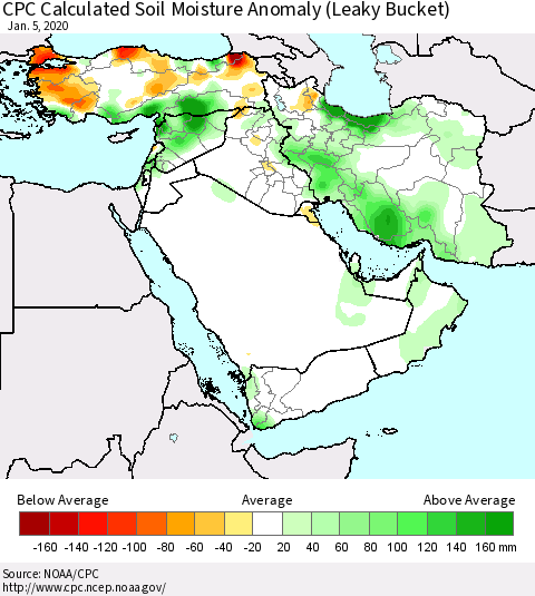 Middle East and Turkey CPC Soil Moisture Departure from Normal (Leaky Bucket) Thematic Map For 1/1/2020 - 1/5/2020