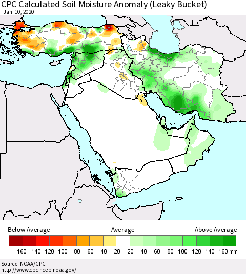 Middle East and Turkey CPC Soil Moisture Departure from Normal (Leaky Bucket) Thematic Map For 1/6/2020 - 1/10/2020
