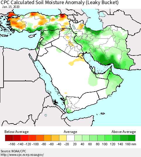 Middle East and Turkey CPC Soil Moisture Departure from Normal (Leaky Bucket) Thematic Map For 1/11/2020 - 1/15/2020