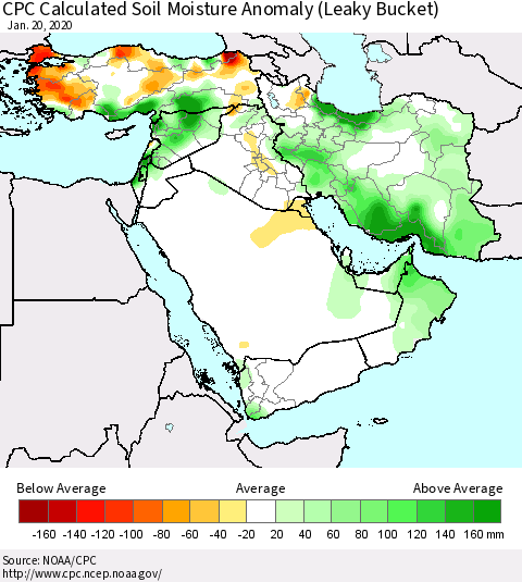 Middle East and Turkey CPC Soil Moisture Departure from Normal (Leaky Bucket) Thematic Map For 1/16/2020 - 1/20/2020