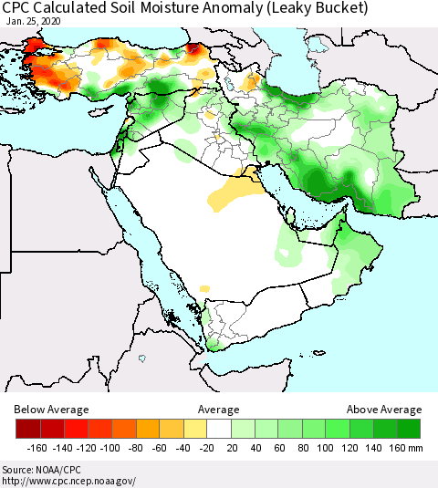 Middle East and Turkey CPC Soil Moisture Departure from Normal (Leaky Bucket) Thematic Map For 1/21/2020 - 1/25/2020
