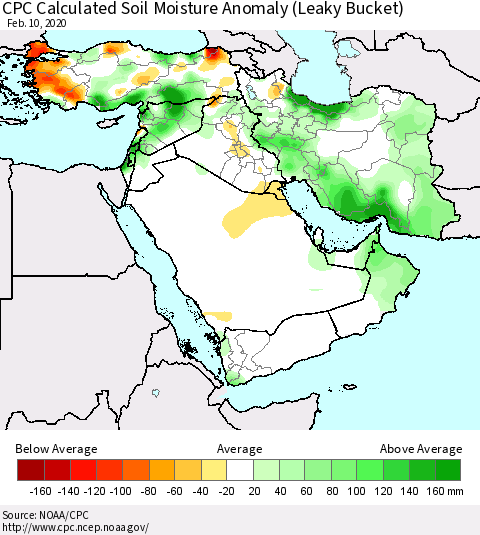 Middle East and Turkey CPC Soil Moisture Departure from Normal (Leaky Bucket) Thematic Map For 2/6/2020 - 2/10/2020
