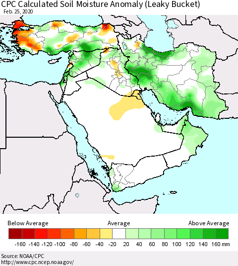Middle East and Turkey CPC Soil Moisture Departure from Normal (Leaky Bucket) Thematic Map For 2/21/2020 - 2/25/2020