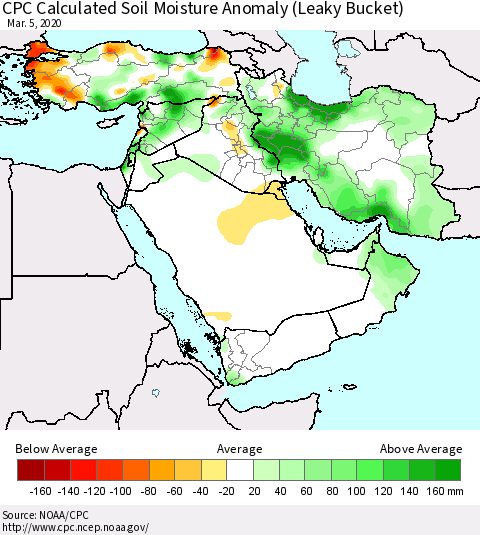 Middle East and Turkey CPC Soil Moisture Departure from Normal (Leaky Bucket) Thematic Map For 3/1/2020 - 3/5/2020