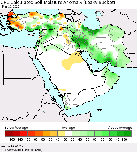 Middle East and Turkey CPC Soil Moisture Departure from Normal (Leaky Bucket) Thematic Map For 3/6/2020 - 3/10/2020