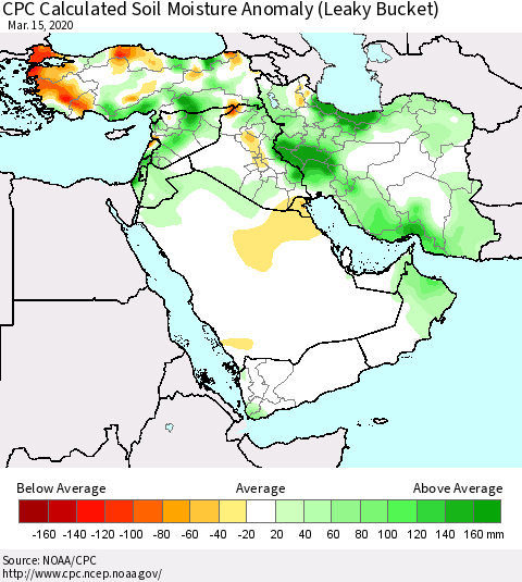 Middle East and Turkey CPC Soil Moisture Departure from Normal (Leaky Bucket) Thematic Map For 3/11/2020 - 3/15/2020