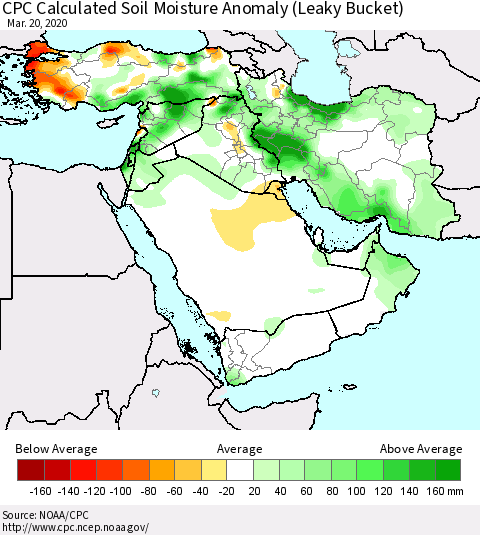 Middle East and Turkey CPC Soil Moisture Departure from Normal (Leaky Bucket) Thematic Map For 3/16/2020 - 3/20/2020