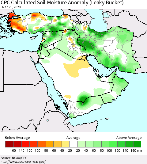 Middle East and Turkey CPC Soil Moisture Departure from Normal (Leaky Bucket) Thematic Map For 3/21/2020 - 3/25/2020