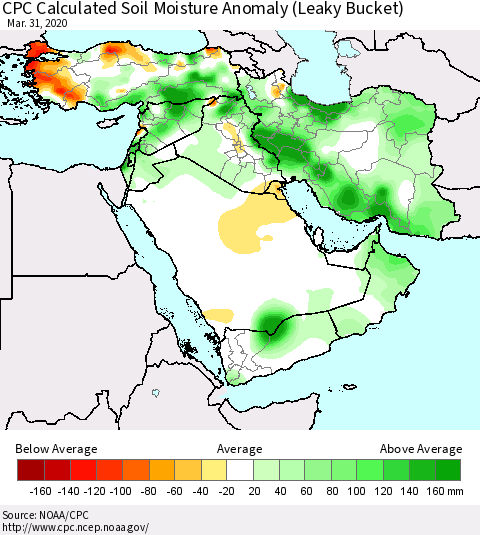 Middle East and Turkey CPC Soil Moisture Departure from Normal (Leaky Bucket) Thematic Map For 3/26/2020 - 3/31/2020