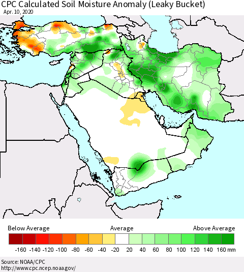 Middle East and Turkey CPC Soil Moisture Departure from Normal (Leaky Bucket) Thematic Map For 4/6/2020 - 4/10/2020