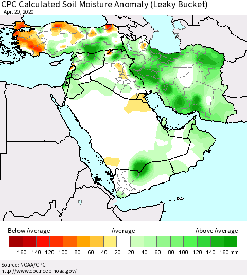 Middle East and Turkey CPC Soil Moisture Departure from Normal (Leaky Bucket) Thematic Map For 4/16/2020 - 4/20/2020