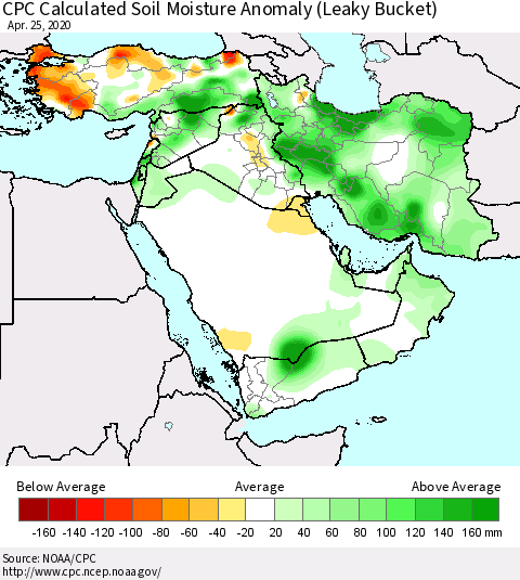 Middle East and Turkey CPC Soil Moisture Departure from Normal (Leaky Bucket) Thematic Map For 4/21/2020 - 4/25/2020