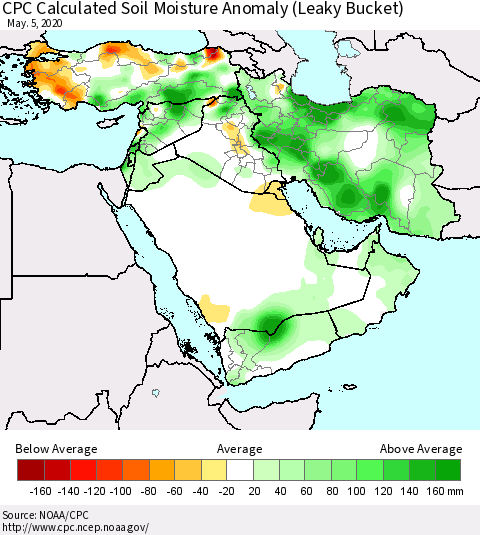 Middle East and Turkey CPC Soil Moisture Departure from Normal (Leaky Bucket) Thematic Map For 5/1/2020 - 5/5/2020