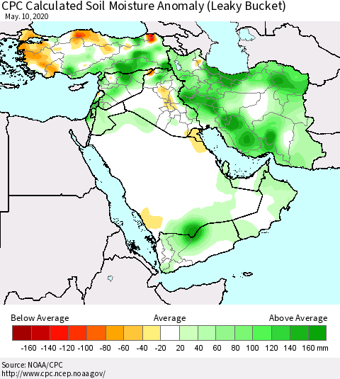 Middle East and Turkey CPC Soil Moisture Departure from Normal (Leaky Bucket) Thematic Map For 5/6/2020 - 5/10/2020