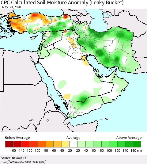 Middle East and Turkey CPC Soil Moisture Departure from Normal (Leaky Bucket) Thematic Map For 5/16/2020 - 5/20/2020