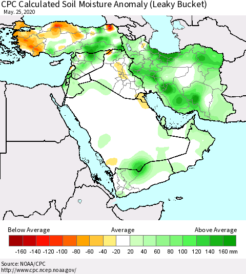 Middle East and Turkey CPC Soil Moisture Departure from Normal (Leaky Bucket) Thematic Map For 5/21/2020 - 5/25/2020