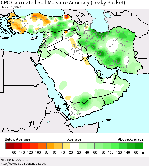 Middle East and Turkey CPC Soil Moisture Departure from Normal (Leaky Bucket) Thematic Map For 5/26/2020 - 5/31/2020