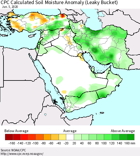Middle East and Turkey CPC Soil Moisture Departure from Normal (Leaky Bucket) Thematic Map For 6/1/2020 - 6/5/2020