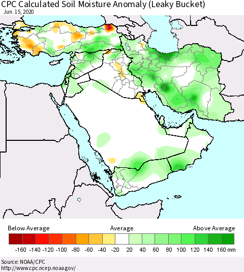 Middle East and Turkey CPC Soil Moisture Departure from Normal (Leaky Bucket) Thematic Map For 6/11/2020 - 6/15/2020