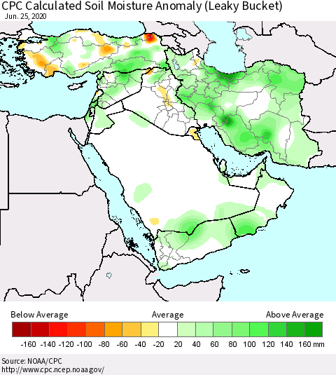 Middle East and Turkey CPC Soil Moisture Departure from Normal (Leaky Bucket) Thematic Map For 6/21/2020 - 6/25/2020