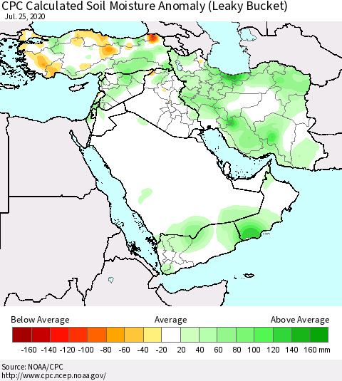 Middle East and Turkey CPC Soil Moisture Departure from Normal (Leaky Bucket) Thematic Map For 7/21/2020 - 7/25/2020