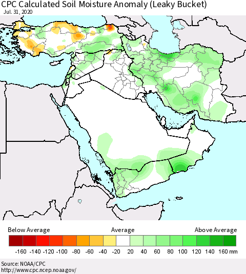 Middle East and Turkey CPC Soil Moisture Departure from Normal (Leaky Bucket) Thematic Map For 7/26/2020 - 7/31/2020