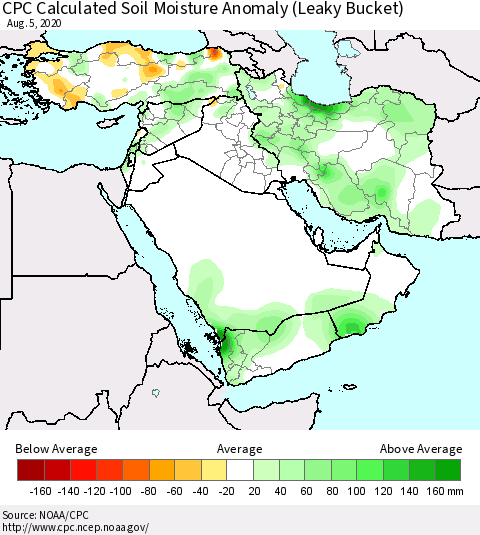 Middle East and Turkey CPC Soil Moisture Departure from Normal (Leaky Bucket) Thematic Map For 8/1/2020 - 8/5/2020