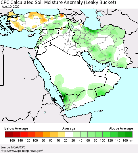 Middle East and Turkey CPC Soil Moisture Departure from Normal (Leaky Bucket) Thematic Map For 8/6/2020 - 8/10/2020