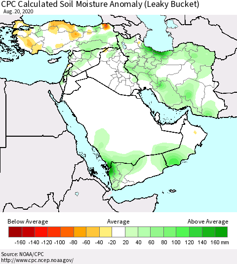 Middle East and Turkey CPC Soil Moisture Departure from Normal (Leaky Bucket) Thematic Map For 8/16/2020 - 8/20/2020