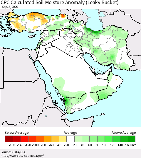 Middle East and Turkey CPC Soil Moisture Departure from Normal (Leaky Bucket) Thematic Map For 9/1/2020 - 9/5/2020