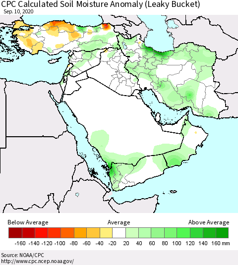 Middle East and Turkey CPC Soil Moisture Departure from Normal (Leaky Bucket) Thematic Map For 9/6/2020 - 9/10/2020