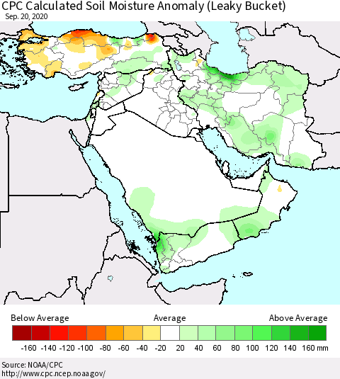 Middle East and Turkey CPC Soil Moisture Departure from Normal (Leaky Bucket) Thematic Map For 9/16/2020 - 9/20/2020