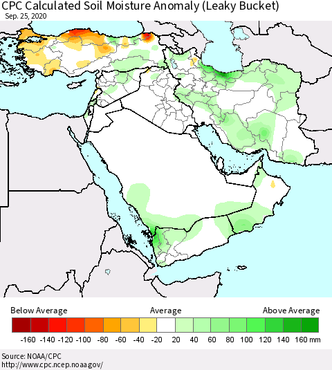 Middle East and Turkey CPC Soil Moisture Departure from Normal (Leaky Bucket) Thematic Map For 9/21/2020 - 9/25/2020