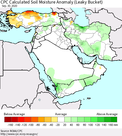 Middle East and Turkey CPC Soil Moisture Departure from Normal (Leaky Bucket) Thematic Map For 9/26/2020 - 9/30/2020
