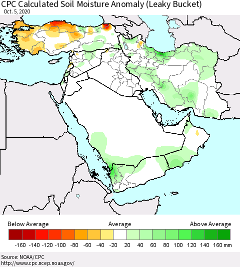 Middle East and Turkey CPC Soil Moisture Departure from Normal (Leaky Bucket) Thematic Map For 10/1/2020 - 10/5/2020