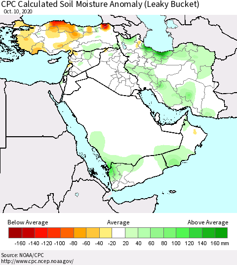 Middle East and Turkey CPC Soil Moisture Departure from Normal (Leaky Bucket) Thematic Map For 10/6/2020 - 10/10/2020