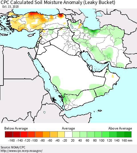 Middle East and Turkey CPC Soil Moisture Departure from Normal (Leaky Bucket) Thematic Map For 10/11/2020 - 10/15/2020
