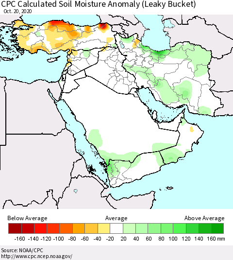 Middle East and Turkey CPC Soil Moisture Departure from Normal (Leaky Bucket) Thematic Map For 10/16/2020 - 10/20/2020