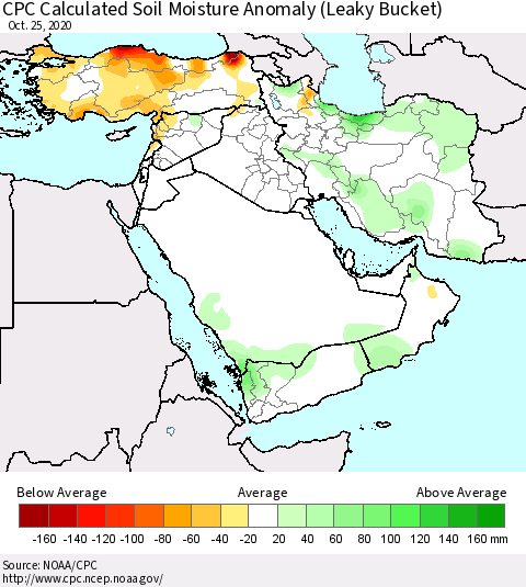 Middle East and Turkey CPC Soil Moisture Departure from Normal (Leaky Bucket) Thematic Map For 10/21/2020 - 10/25/2020