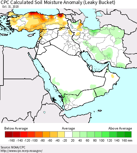 Middle East and Turkey CPC Soil Moisture Departure from Normal (Leaky Bucket) Thematic Map For 10/26/2020 - 10/31/2020