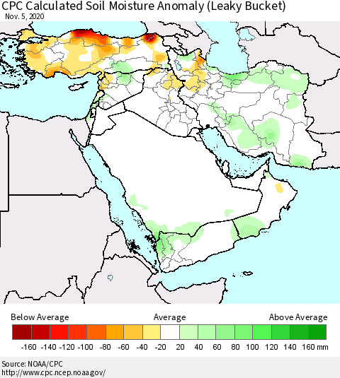 Middle East and Turkey CPC Soil Moisture Departure from Normal (Leaky Bucket) Thematic Map For 11/1/2020 - 11/5/2020