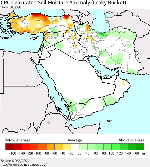 Middle East and Turkey CPC Soil Moisture Departure from Normal (Leaky Bucket) Thematic Map For 11/6/2020 - 11/10/2020