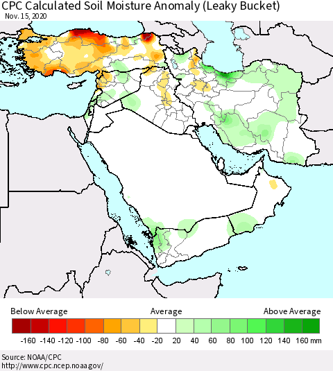 Middle East and Turkey CPC Soil Moisture Departure from Normal (Leaky Bucket) Thematic Map For 11/11/2020 - 11/15/2020