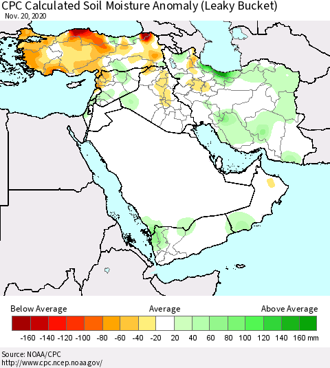 Middle East and Turkey CPC Soil Moisture Departure from Normal (Leaky Bucket) Thematic Map For 11/16/2020 - 11/20/2020