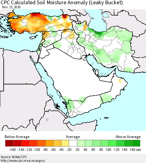 Middle East and Turkey CPC Soil Moisture Departure from Normal (Leaky Bucket) Thematic Map For 11/21/2020 - 11/25/2020