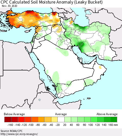 Middle East and Turkey CPC Soil Moisture Departure from Normal (Leaky Bucket) Thematic Map For 11/26/2020 - 11/30/2020