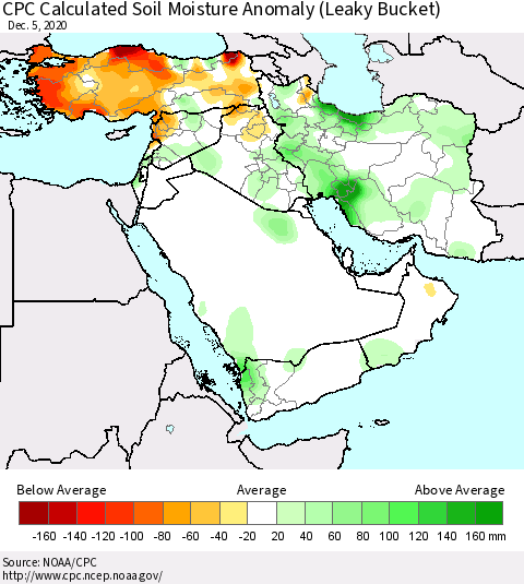 Middle East and Turkey CPC Soil Moisture Departure from Normal (Leaky Bucket) Thematic Map For 12/1/2020 - 12/5/2020