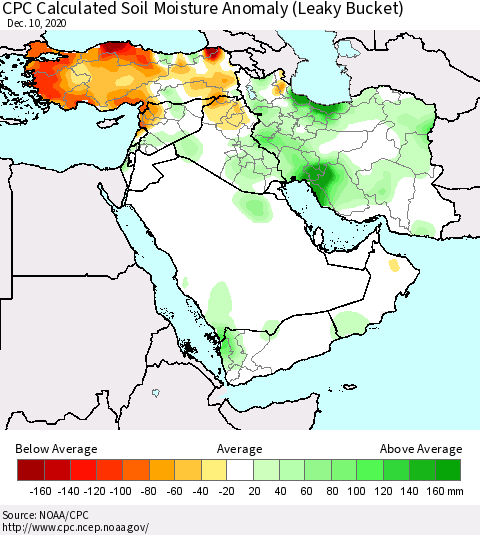 Middle East and Turkey CPC Soil Moisture Departure from Normal (Leaky Bucket) Thematic Map For 12/6/2020 - 12/10/2020