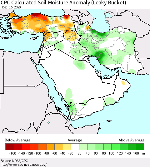Middle East and Turkey CPC Soil Moisture Departure from Normal (Leaky Bucket) Thematic Map For 12/11/2020 - 12/15/2020