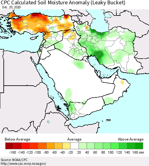 Middle East and Turkey CPC Soil Moisture Departure from Normal (Leaky Bucket) Thematic Map For 12/16/2020 - 12/20/2020